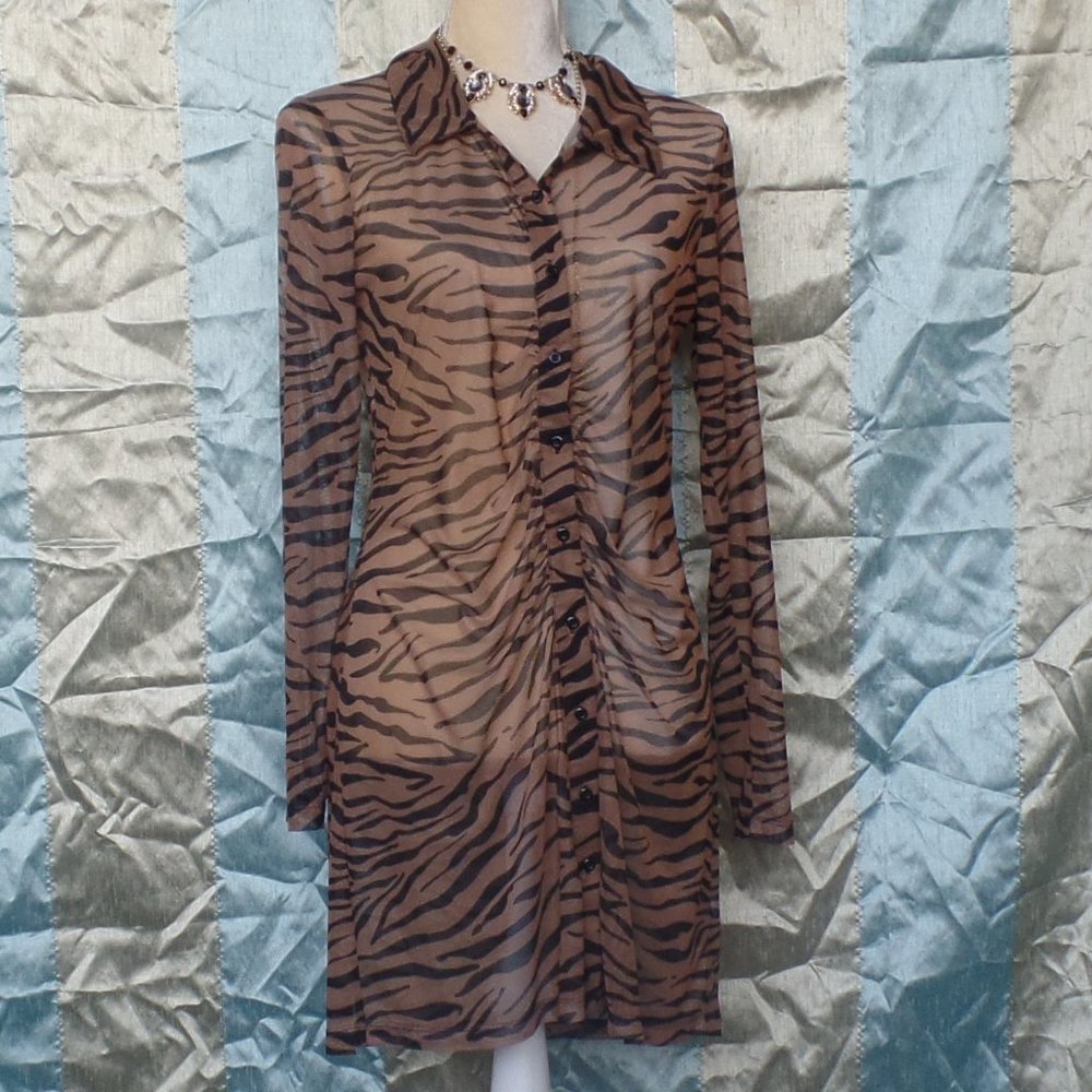 Wild Fable Sheer Long Sleeved Buttoned Up Tiger Print Mini Dress Size S NWOT